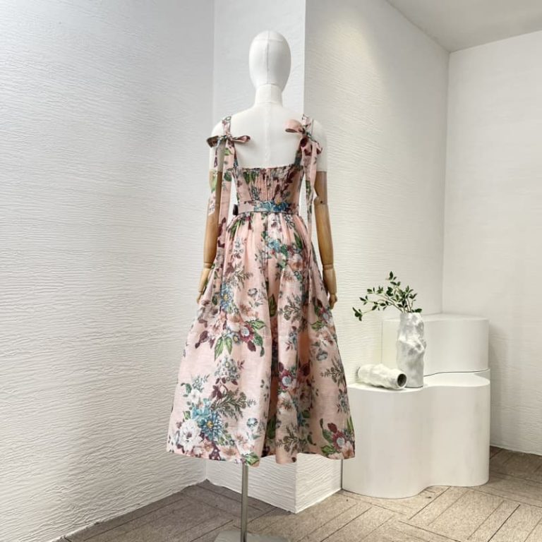 Zimmermann best quality silk linen pink floral print sleeveless folds belt midi dress2