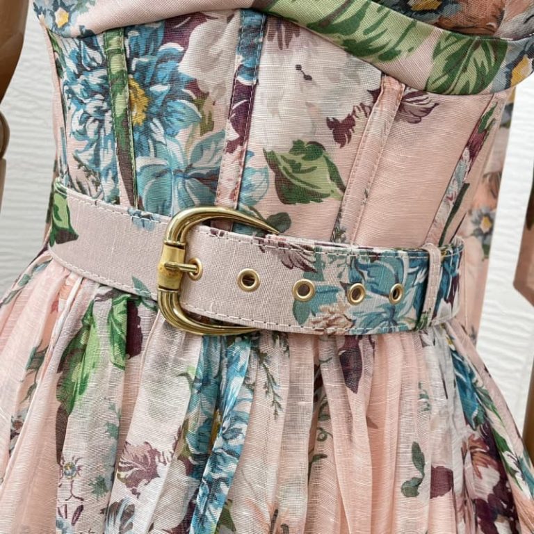 Zimmermann best quality silk linen pink floral print sleeveless folds belt midi dress21