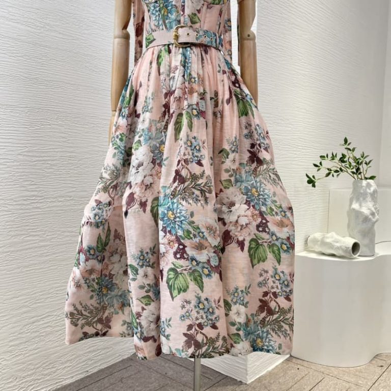 Zimmermann best quality silk linen pink floral print sleeveless folds belt midi dress5