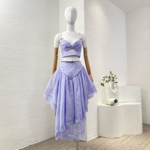 Zimmermann best quality silk linen purpler violet sleeveless pleat cut out blouse tops and lace Irregular hem skirt set FZ332