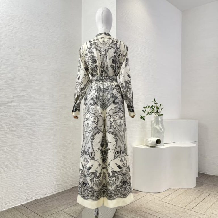 Zimmermann best quality silk texture spring grey white floral print long sleeve blouse tops and pants set FZ323