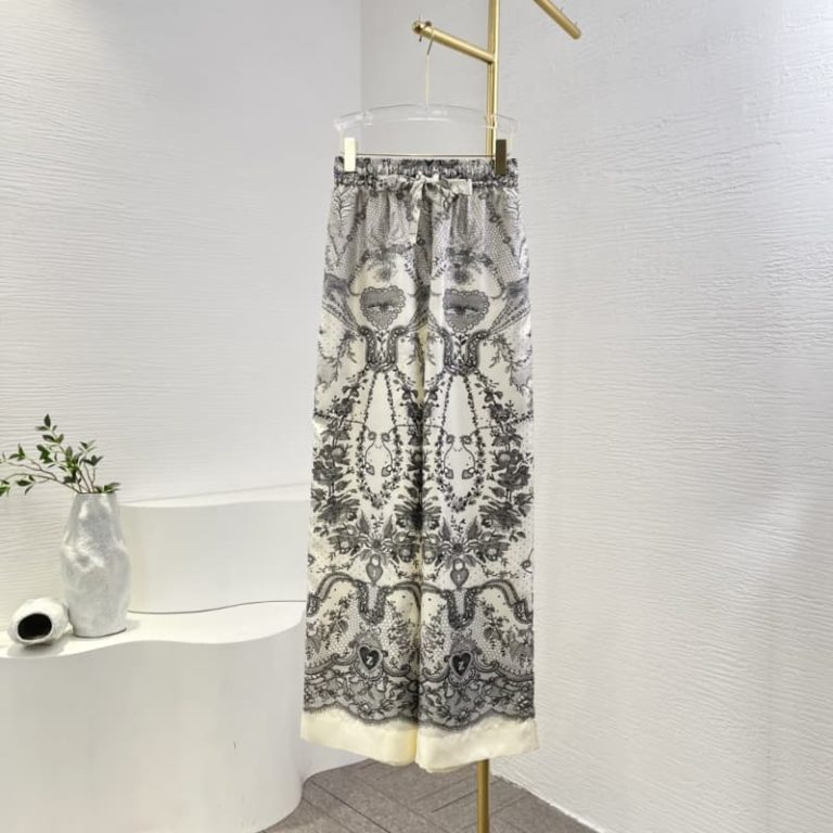 Zimmermann best quality silk texture spring grey white floral print long sleeve blouse tops and pants set5