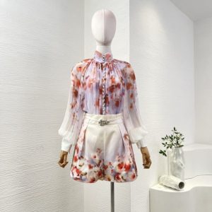 Zimmermann best quality viscose red floral print long sleeve stand collar blouse and shorts set FZ333