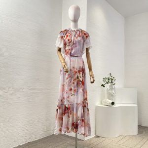 Zimmermann Best Quality Viscose Red Floral Print Ruffles Short Sleeve Pleat Midi Dress FZ339