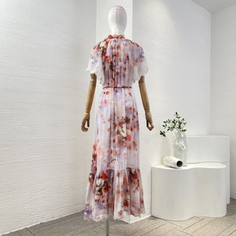 Zimmermann best quality viscose red floral print ruffles short sleeve pleat midi dress2