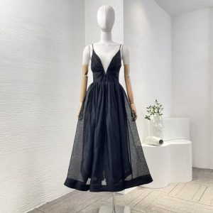 Zimmermann best quality black sleeveless deep v neck backless ruched midi dress FZ362