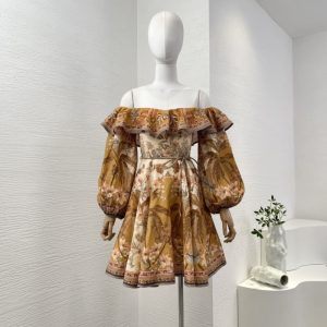 Zimmermann best quality brown floral print off the shoulder long sleeve ruffles mini dress FZ352