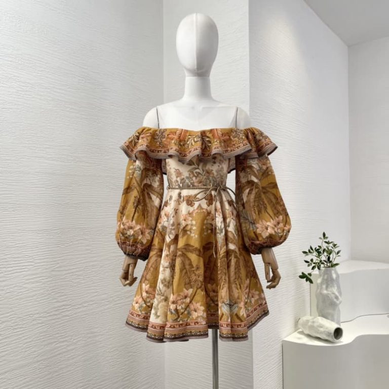 Zimmermann brown floral print off the shoulder long sleeve ruffles mini dress-1