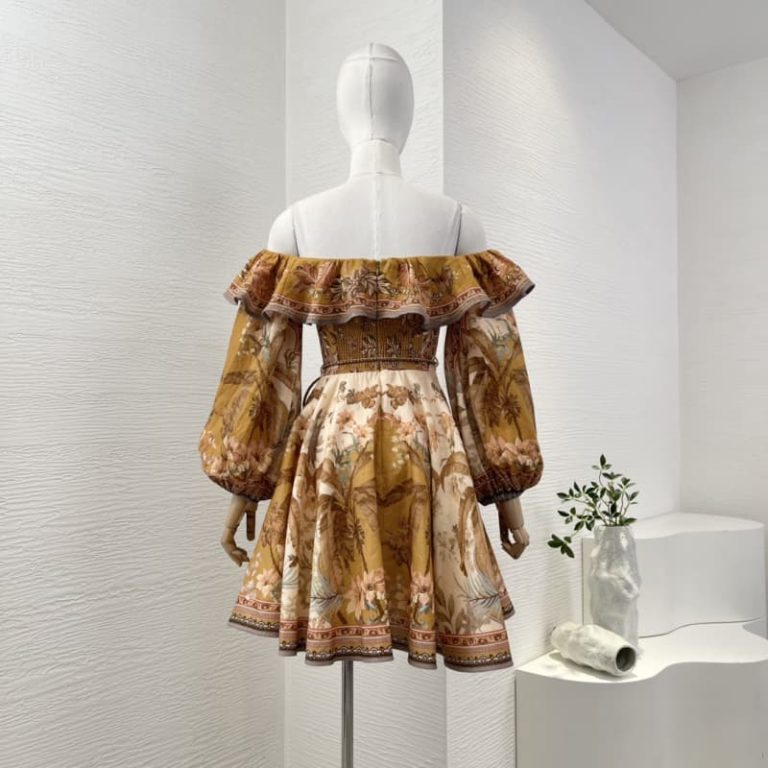 Zimmermann brown floral print off the shoulder long sleeve ruffles mini dress-2