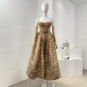 Zimmermann best quality brown leopard print sleeveless diamonds pleat midi dress FZ361