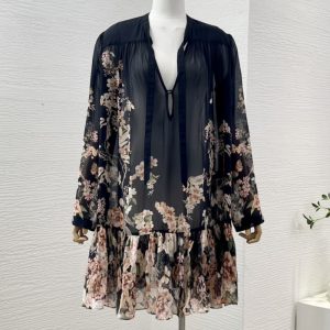 Zimmermann high quality black floral print long sleeve mini dress 100%Viscose FZ377