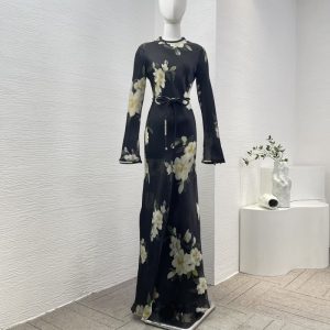 Zimmermann high quality black magnolia flower print long bell sleeve o neck organza maxi dress 92%Silk 8%Elastane FZ375