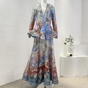 Zimmermann high quality blue floral print ruffles v neck pleat ruched long sleeve maxi dress 55%Linen 45%Silk FZ378