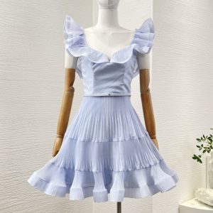 Zimmermann high quality blue ruffles trim at neckline pleat ruched sweetheart neckline mini dress 100%Polyester FZ379