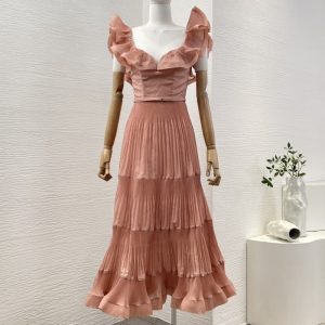 Zimmermann high quality red ruffles trim at neckline pleat ruched sweetheart neckline midi dress 100%Polyester FZ380