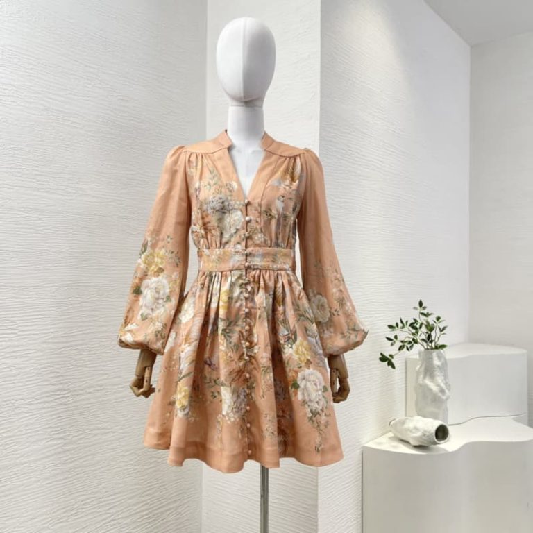 Zimmermann orange white floral print long sleeve pleat mini dress-1