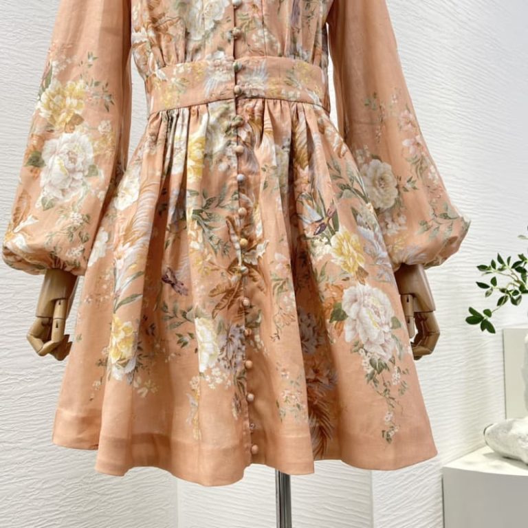 Zimmermann orange white floral print long sleeve pleat mini dress-4
