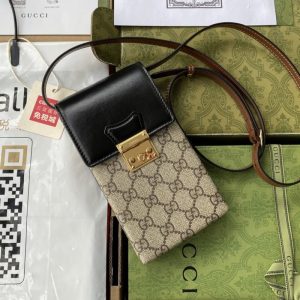 GUCCI best quality Women lock buckle cell phone bag shoulder bag Men fanny pack Front decorated with gold accessories 10*19*3CM LB450