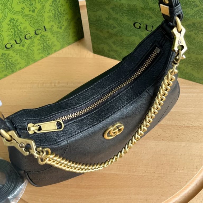 GUCCI high quality women new black crescent bag shoulder or handheld front with double G decoration-10