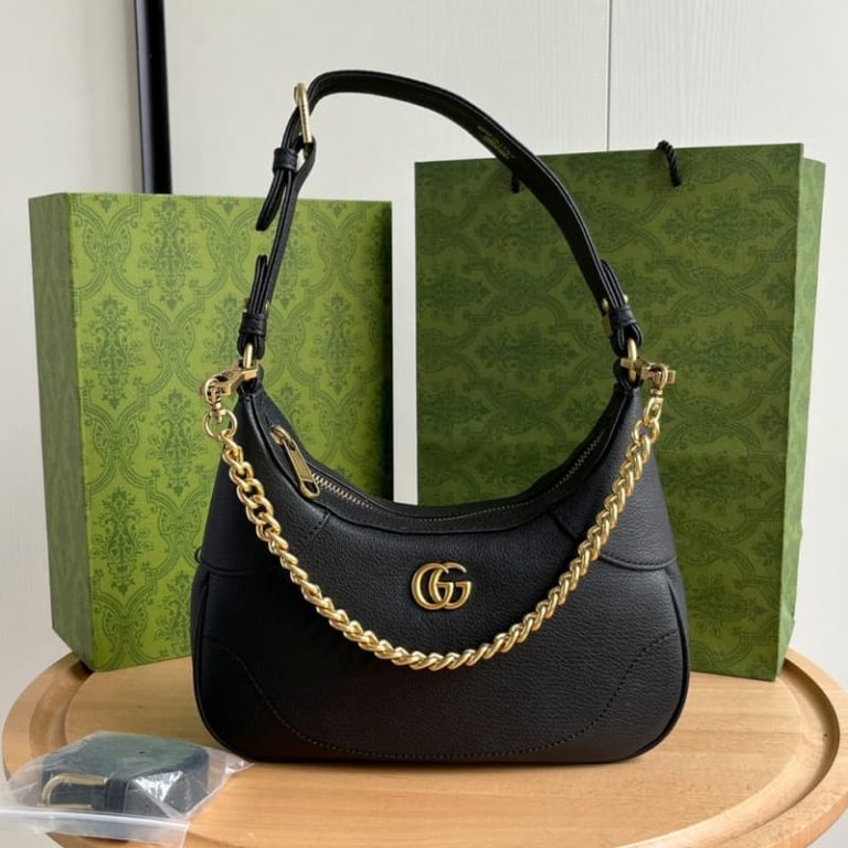 GUCCI high quality women new black crescent bag shoulder or handheld front with double G decoration-8