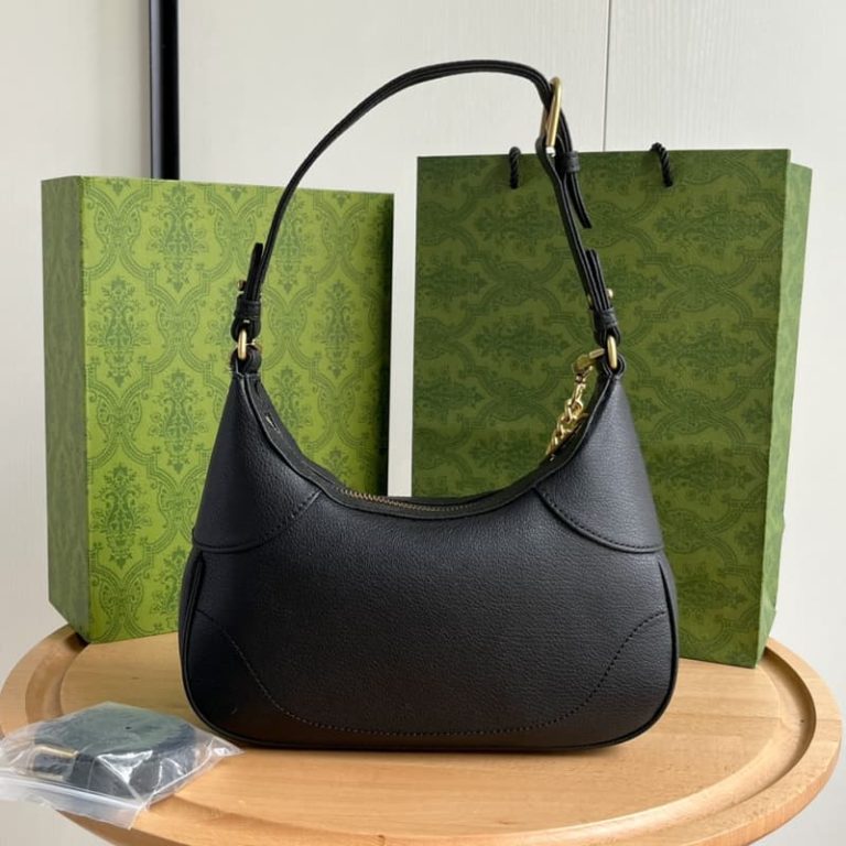 GUCCI high quality women new black crescent bag shoulder or handheld front with double G decoration-9