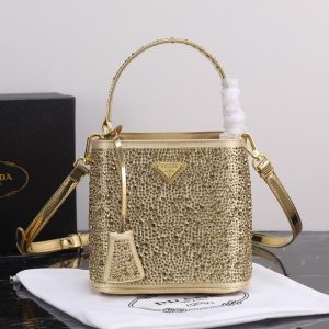 High quality Prada crystal bucket bag Women shoulder bag Crystal decoration Front iconic logo pattern 16*21*10CM LB507（2）