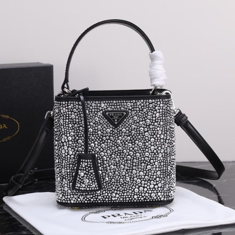 High quality Prada crystal bucket bag Women shoulder bag Crystal decoration Front iconic logo pattern-5