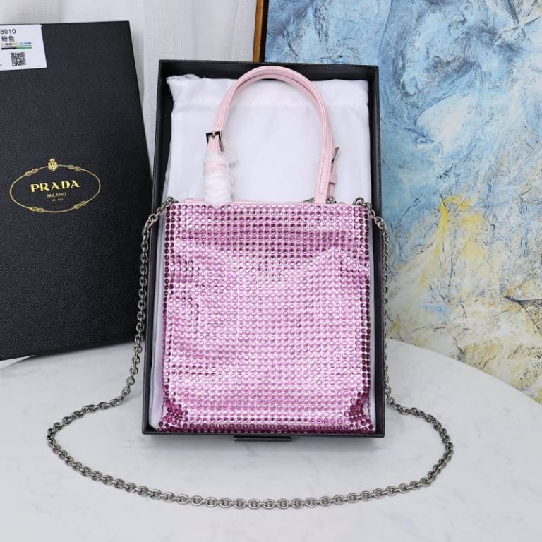 High quality Prada sparkling diamond bag Women rhinestone handbag chain bag Front iconic logo pattern-2