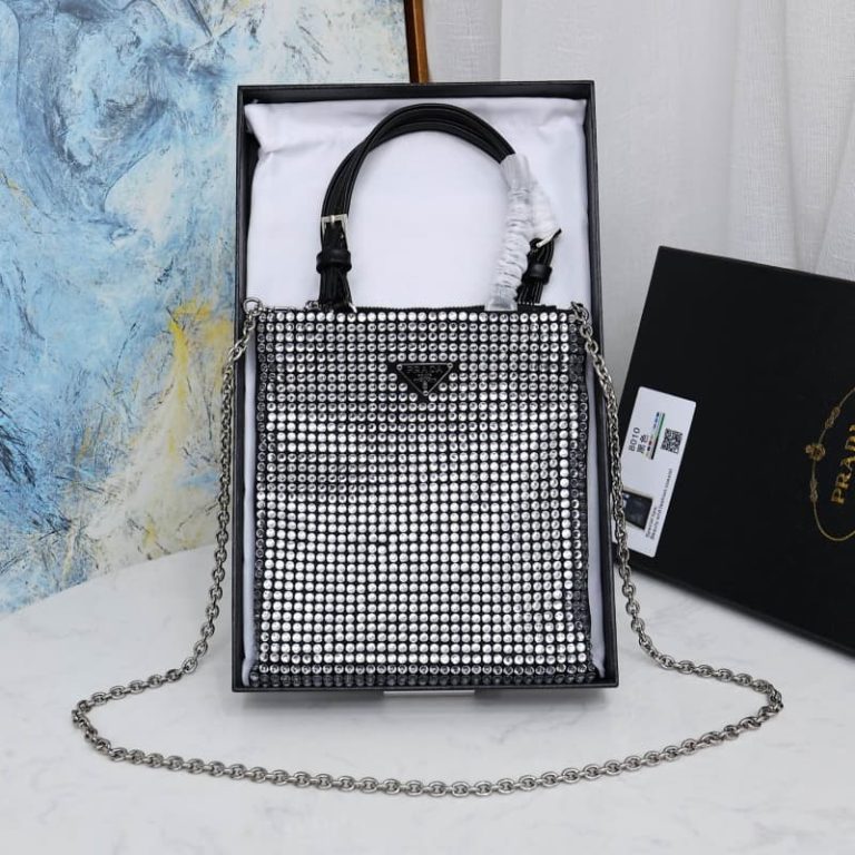 High quality Prada sparkling diamond bag Women rhinestone handbag chain bag Front iconic logo pattern-5