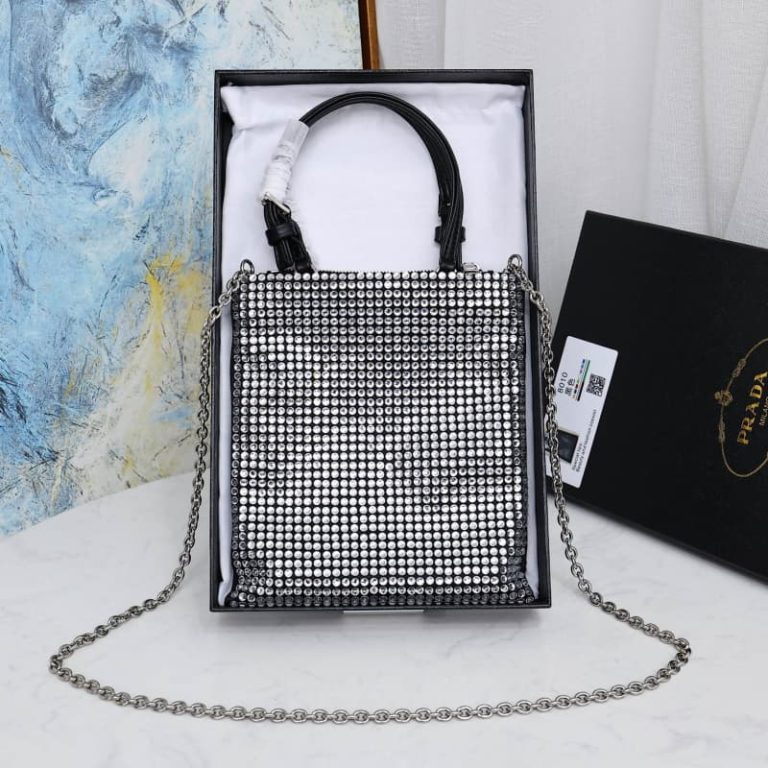 High quality Prada sparkling diamond bag Women rhinestone handbag chain bag Front iconic logo pattern-6