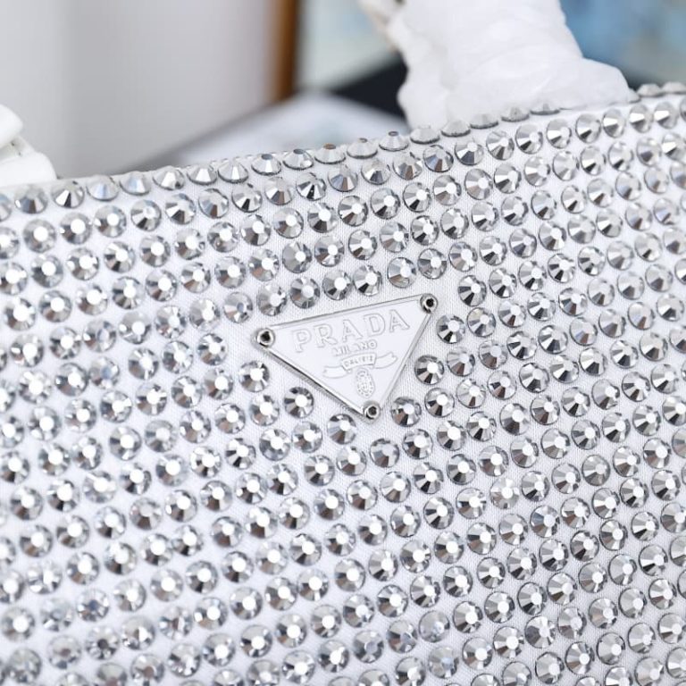 High quality Prada sparkling diamond bag Women rhinestone handbag chain bag Front iconic logo pattern-8
