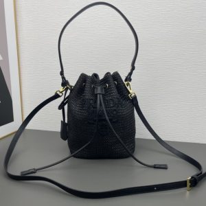 High quality Prada women woven bucket bag shoulder bag straw bag front iconic logo pattern 24*18CM LB503
